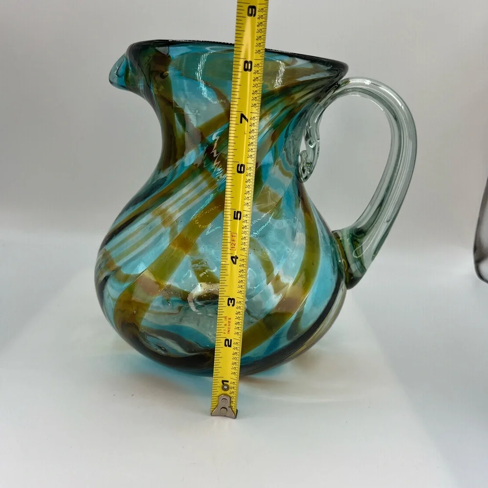 Mexican Hand Blown Art Glass Pitcher Turquoise Brown Vessel With Handle Swirl